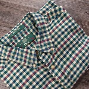Vintage Orvis Mens XL Plaid Button Down Shirt Green Burgundy Cotton Long Sleeve